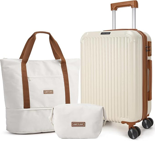 LIGHT FLIGHT 3-Piece Luggage Sets, Expandable Carry On Luggage 22x14x9 Airline Approved, Hardside Carry On Suitcases with Wheels, TSA Lock Travel Luggage Sets, Beige and Brown