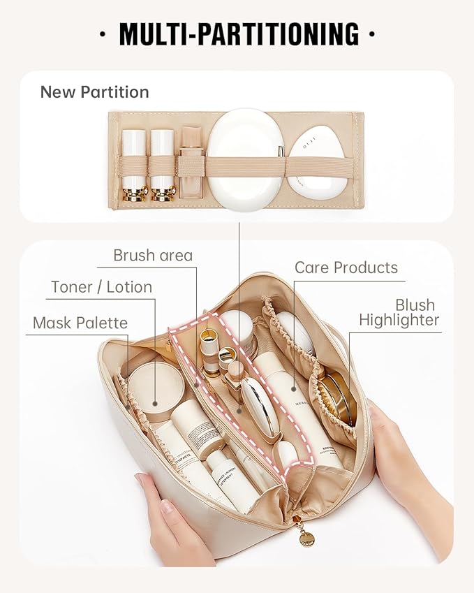 EACHY Travel Makeup Bag, Large Capacity Cosmetic Bag for Women, Waterproof PU Leather, Flat Open Portable Toiletry Bag for Skincare, Brushes & Travel Essentials