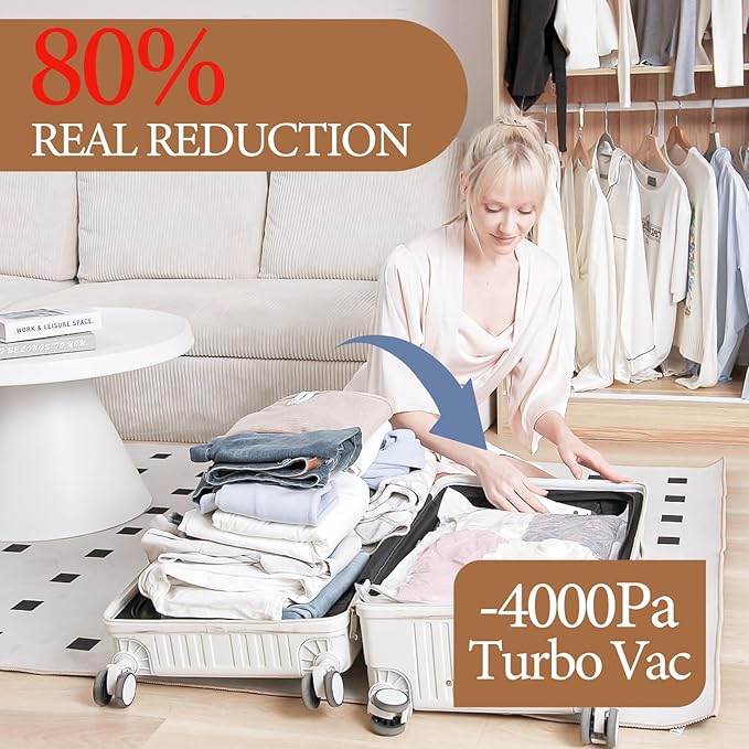 Travel Vacuum Storage Bags with Rechargeable Cordless Pump, 12 Pack Vacuum Seal Bags for Clothing(4 Large+4 Medium+4 Small), Compression Packing for Clothes Suitcase Luggage Blanket Pillows