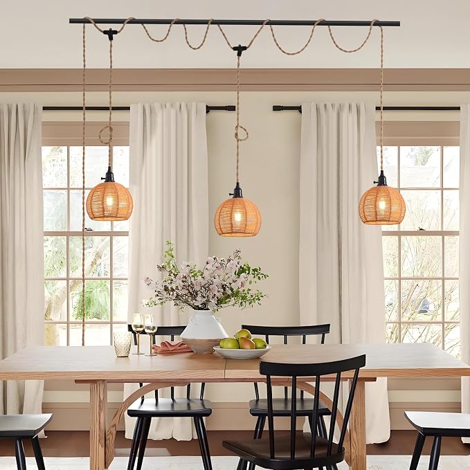 3-Light Hanging Light with Plug in Cord,Plug in Pendant Light 22ft Hemp Rope Pendant Lighting Vintage 3-Light Hanging Lamp Fixtures for Kitchen Island Living Room Bedroom