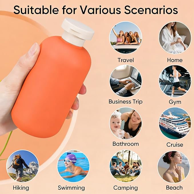 DEMORA 6.6oz Travel Bottles for Toiletries, Larger Plastic Travel Squeeze Bottles Leak Proof Refillable Toiletry Containers with Flip Caps and Labels for Shampoo Conditioner Lotion (Qrange, 4 Pcs)