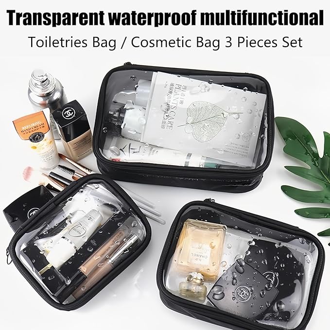 Clear TSA Approved Toiletry Bag - 3-Pack (Large, Small & Mini) Clear Makeup Cosmetic Bag with Zipper, Quart Size Travel Essential Organizer for Women, Car Bag Organizer & Car Organization Essentials