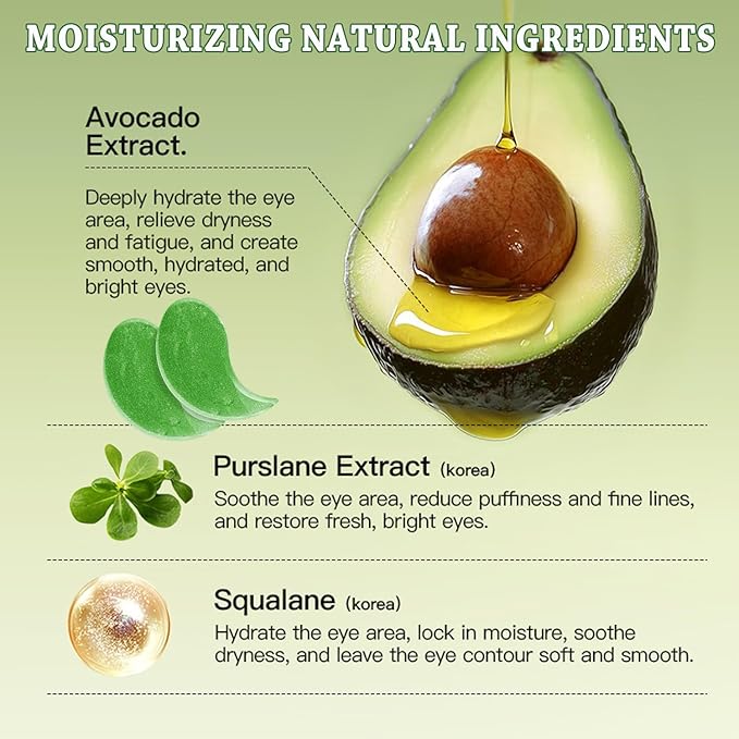 firstfly 60 Pcs Avocado Eye Mask, Under Eye Patches for Dark Circles and Puffiness, Moisturizing Nourishing Eye Treatment Mask, Improving Eye Skin Dryness, Fine Lines and Wrinkles