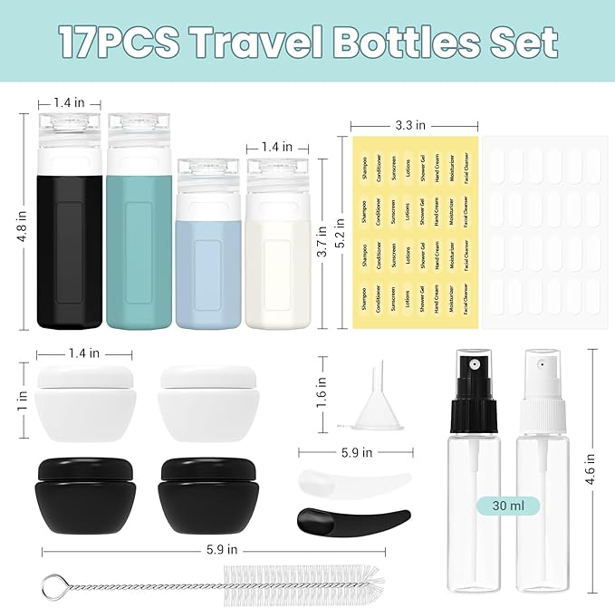 17 Pack Travel Bottles - TSA Approved Travel Size Toiletries, Leak Proof Containers for Toiletries, Silicone Squeezable Container for Shampoo, Body Wash, Lotion & Conditioner - Blue