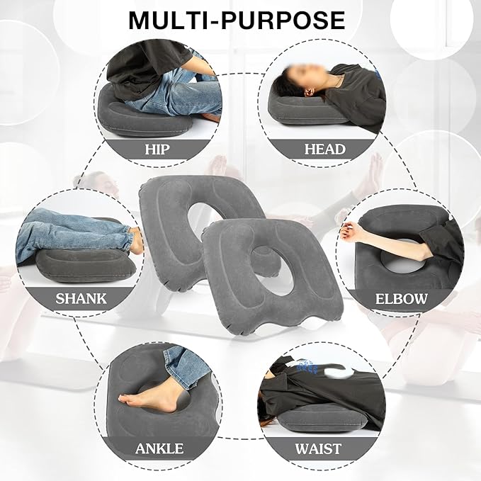 Leinuosen 2 Pcs Inflatable Seat Cushion 18.1'' x 15.7'' x 4.7'' Portable Lift Donut Pillow Height Adjustable Hemorrhoid Pillow for Tailbone Back Pain Bed Sore Home Car Chair Wheelchair Sitting (Grey)