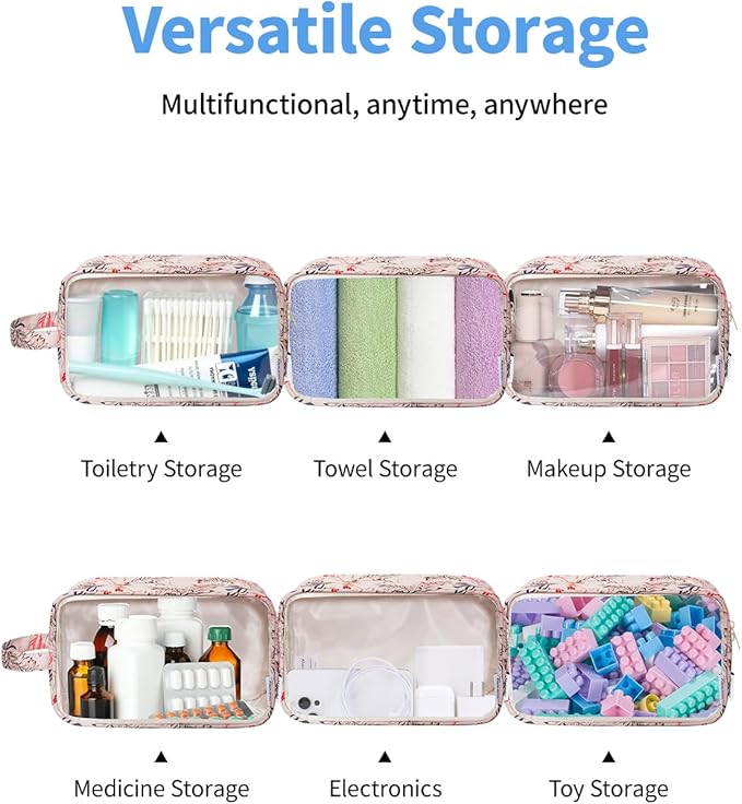 Narwey Clear Toiletry Bags for Traveling Women Men, Clear Travel Bags for Toiletries Makeup Bag Cosmetic Bag with Zipper, Make Up Organizer, Skincare Bag (Beige Flamingo)
