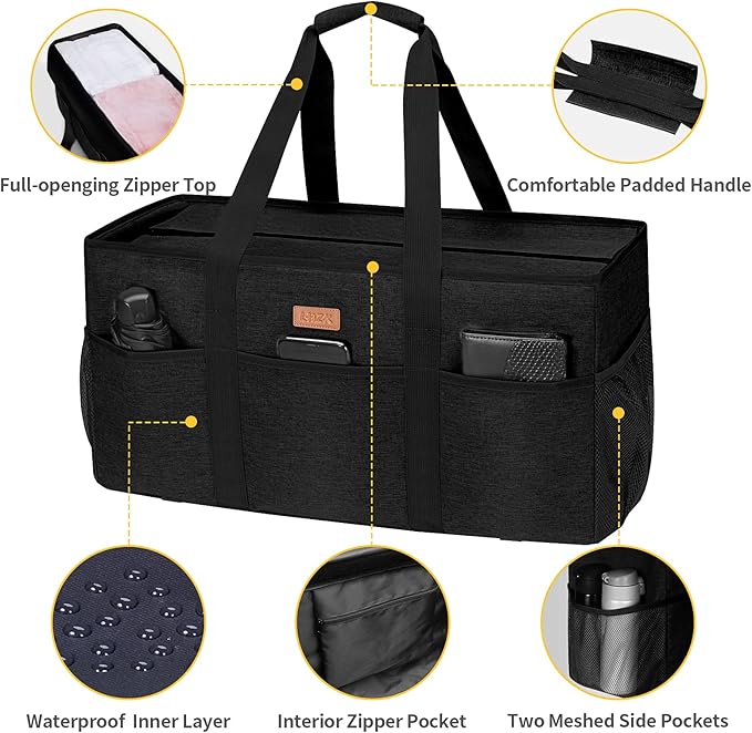 LHZK Stand Up Extra Large Utility Tote Bag with Lid, Utility Tote Bag with Metal Wire Frame and the Sides Rinforced, Reusable Grocery Bags Foldable, Beach Bag, Car Tote (Black)