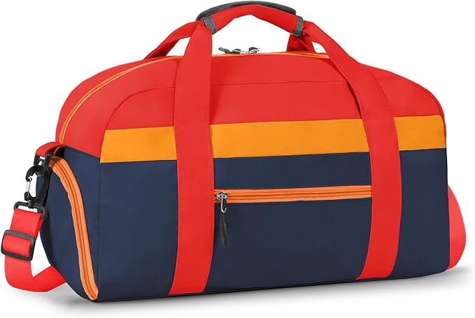 WOOMADA Kids Duffle Bag for Boys or Girls, Kids Overnight Bag with Shoe Compartment＆Wet Pocket, Ideal for School Practice, Sports, Travel(red&dark blue)
