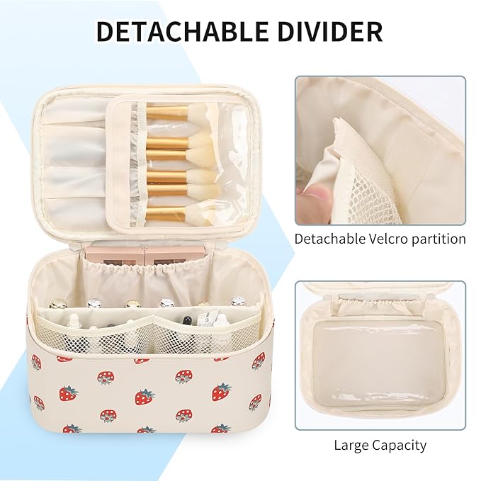 OCHEAL Makeup Bag,Travel Makeup Organizer Bag, Large Capacity Cosmetic Bags For Women Large Travel Toiletry Bag Girls Traveling With Brush Slot And Divider-PU Strawberry