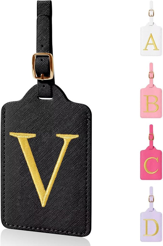 Personalized Initial Luggage Tags for Suitcases,Leather Letter Cute Luggage Tags with Privacy Name Card,Embroidered Monogrammed Travel Bag Backpack Tag Gifts for Women Kids Girls Teens(Black-V)