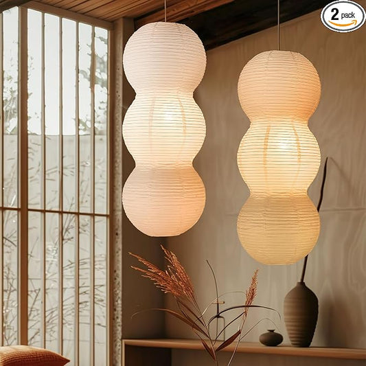 2 Pack Paper Hanging Lamp Shades, 27 Inch White | Foldable Pendant Lamp Shades, 3 Tier Handmade Rice Paper Lantern, For Japandi Boho Minimalist