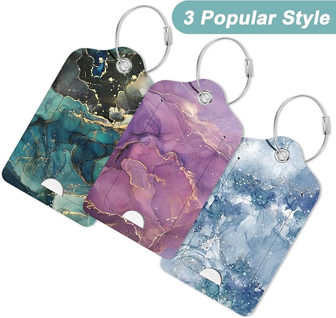 Rimilak 3 Pcs PU Leather Luggage Tags for Suitcase, Travel Cruise Luggage Tag with Privacy Flap, Name ID Label and Metal Loop for Women Men Baggage Handbag School Bag Backpack, Modern Marble