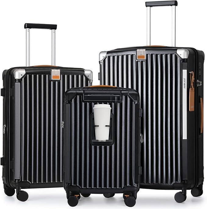 Joyway 3 Piece Set Hardside Expandable Luggage with USB Charging Port and Cup Holder, TSA Lock Spinner Wheels Suitcase for International Travel, Lightweight Carry On Checked Baggage, Black