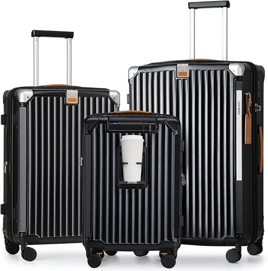 Joyway 3 Piece Set Hardside Expandable Luggage with USB Charging Port and Cup Holder, TSA Lock Spinner Wheels Suitcase for International Travel, Lightweight Carry On Checked Baggage, Black