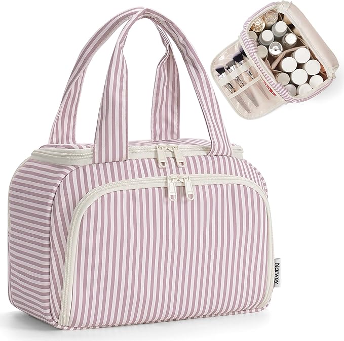 Narwey Striped Travel Toiletry Bag Large Makeup Bag for Women, Wide-open Cosmetic Make Up Organizer with Handle, Travel Bag for Toiletries, Essentials, Accessories (Dusty Pink Stripe)