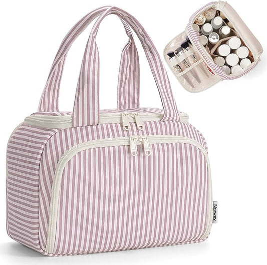 Narwey Striped Travel Toiletry Bag Large Makeup Bag for Women, Wide-open Cosmetic Make Up Organizer with Handle, Travel Bag for Toiletries, Essentials, Accessories (Dusty Pink Stripe)
