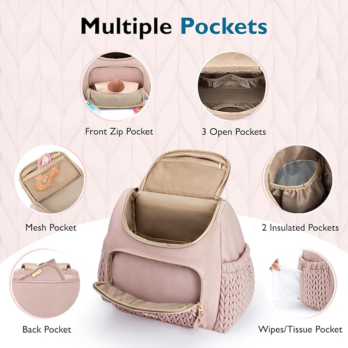 mommore Diaper Bag Backpack, Stylish Travel Baby Bag with Insulated Pockets, Changing Pad and Stroller Straps for Toddler (S-Pink, Small-17L)
