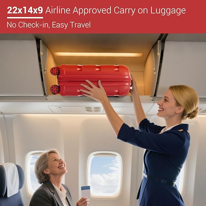 Kono Carry On Luggage 20 Inch Expandable 22x14x9 Airline Approved Hard Shell Travel Trolley 4 Spinner Wheels Lightweight Polypropylene Suitcase with TSA Lock, Red
