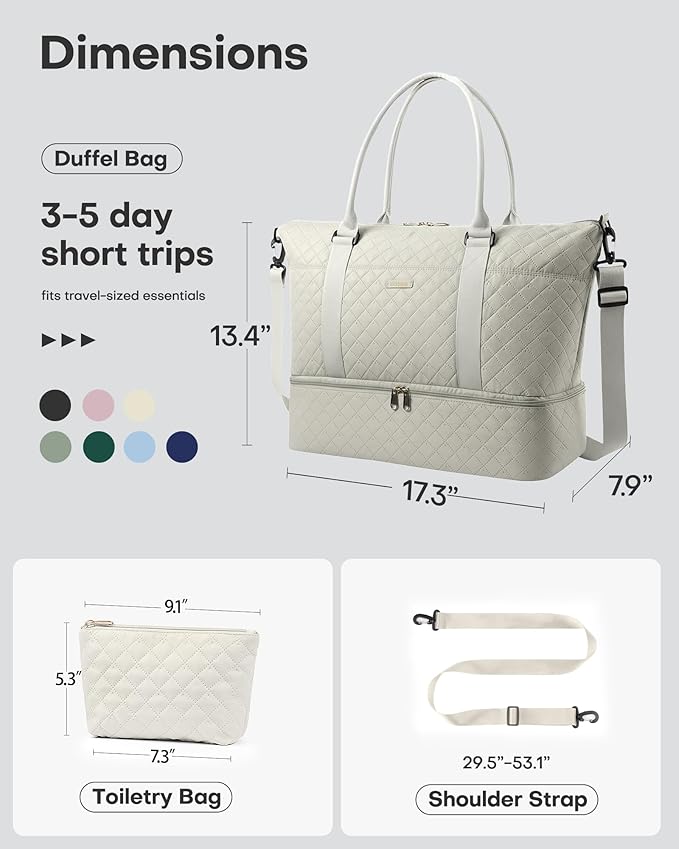 HOTOR Travel Duffel Bag - Weekender Bags for Women, Gym Tote Bags with Shoe Compartment, Carry On Overnight Bag with Toiletry Bag for Travel Essentials and Travel Accessories, Beige, 15.8"×18.1"×8.7"