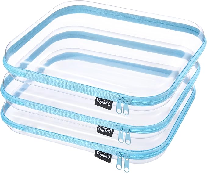 YQBRA 3 Pack Clear Hard Shell Zipper Case, See-Through Hard Plastic Organizer Pouches with Zipper for Travel, Toiletries, Makeup, Electronics & Pencils - Crush-Resistant Storage (L Blue)