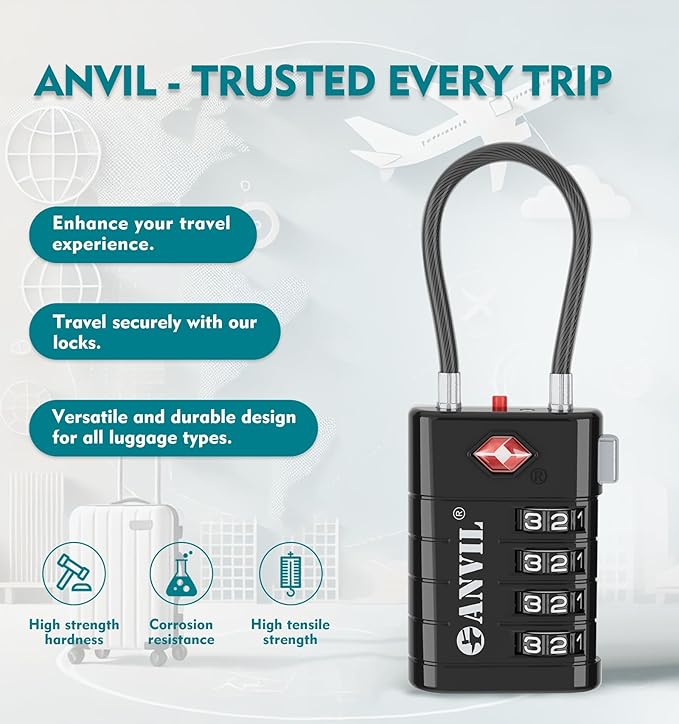ANVIL 4 Digit Luggage Locks, TSA Locks for Luggage, Advanced TSA008 core, Alert Indicator for Your Travel Lock, Suitcase Lock. (3, Black)