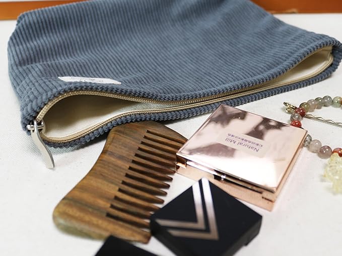 HAPPYHEIDI Corduroy Makeup Bag with Pocket Cute Cosmetic Toiletry Travel Pouch, Soft Fabric, Vintage Classic Gray, Lightweight, Canvas Lined