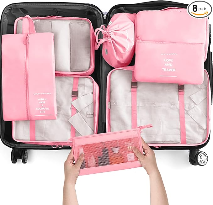 KPX 8 Set Packing Cubes for Travel, Luggage Packing Organizers Accessories Large Toiletries Bag for Clothes Shoes Cosmetics (Pink)