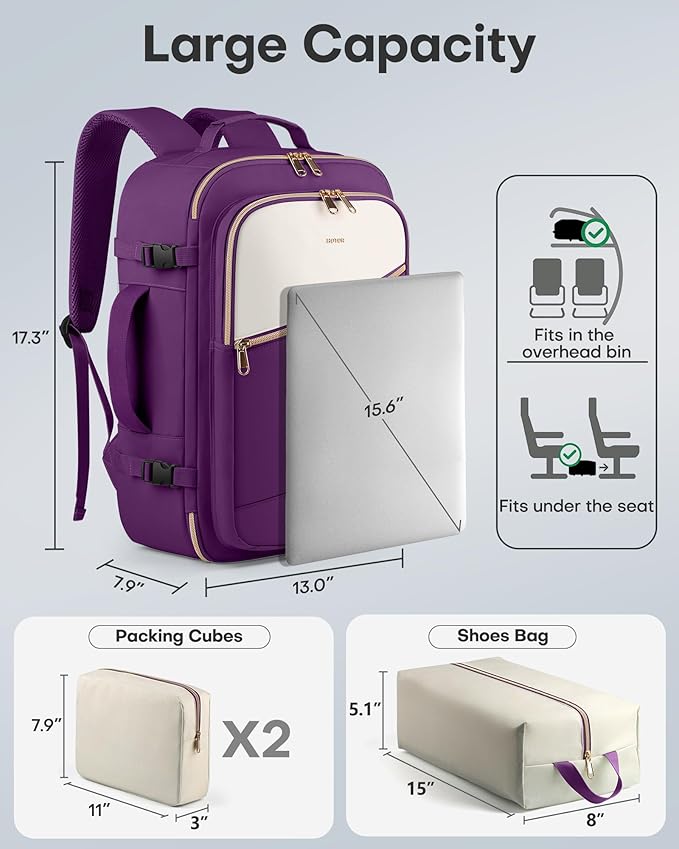 HOTOR Travel Backpack for Women – TSA-Friendly Travel Bag with Multiple Compartments & 3 Packing Cubes, Water-Resistant & Comfortable, Perfect for Travel Essentials, Dark Purple, 17.3" x 13.0" x 7.9"