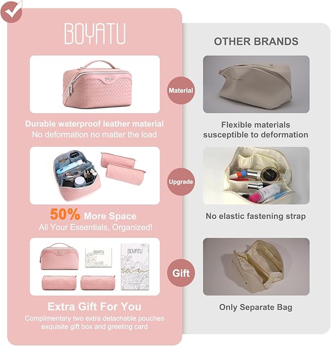 BOYATU Travel Makeup Bag Cosmetic Bags for Women: Large Capacity 3 Pcs Set Make up Bag with Compartments - Waterproof Vegan Leather Toiletry Organizer Bags with Handle (L04 Light Pink)