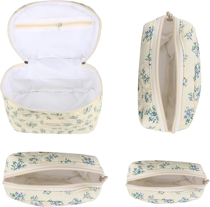 Cute Makeup Bag for Women(2 Pcs), Travel Cosmetic Bags, Quilted Coquette Aesthetic Floral Toiletry Organizer Bag (41 - Blue Rose/4PCS)