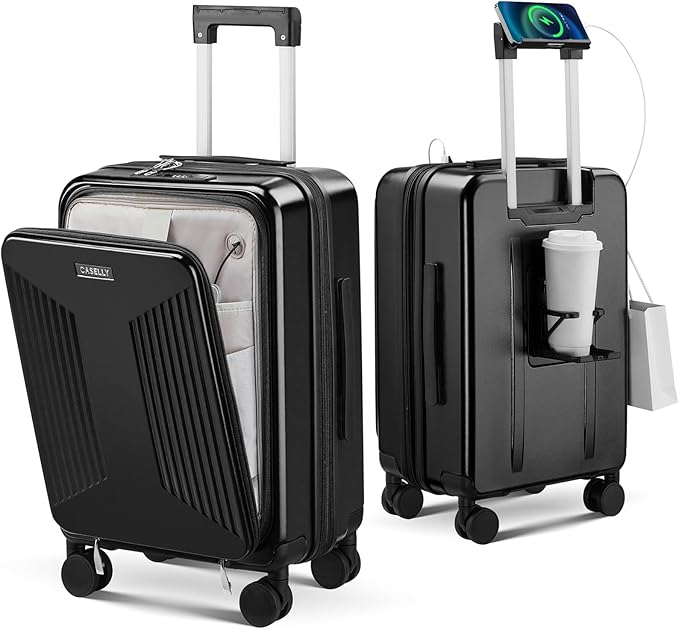 Carry on Luggage Top opening Suitcases, Expandable with Cup Holder and USB Charging Port,Lightweight with Front Pocket Rolling Suitcases with Spinner Wheels