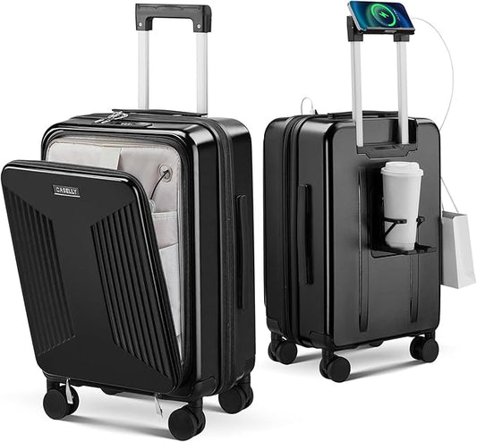 Carry on Luggage Top opening Suitcases, Expandable with Cup Holder and USB Charging Port,Lightweight with Front Pocket Rolling Suitcases with Spinner Wheels