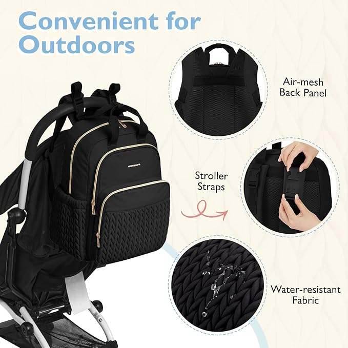 mommore Diaper Bag Backpack, Stylish Travel Baby Bag with Insulated Pockets, Changing Pad and Stroller Straps for Toddler (L-Black, Large-27L)