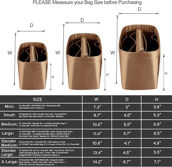 Purse Organizer Insert For Handbags, Purse Organizer With Zipper, Neverfull Organizer, Bag Organizer For Speedy Neverfull ONTHEGO Tote, Handbag and More (Silky Brown, Medium)