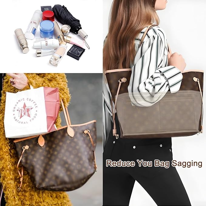 Tote Bag Organizer Insert with Base Shaper,Felt Purse Organizer Insert Compatible with lv Neverfull MM Organizer,C.oach City 33, Speedy 30 and More, Purse Divider for Bags,Beige/L