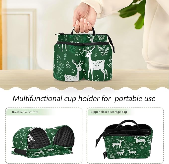 Green Christmas Deers Plants Luggage Cup Holder Travel Portable Free Hand Drink Carrier Suitcase Drinks Beverage Holder Carry-On Bottle Mug Holder Organizer Bag Travelers Accessories