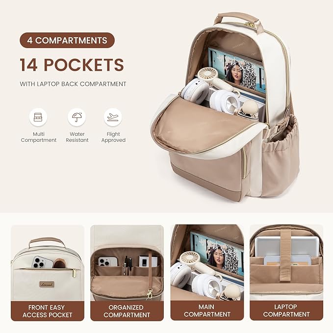 LOVEVOOK Laptop Backpack for Women with Pouch Pocket for Large Capacity Cup,18 Inch Laptop Computer Bag Travel Backpack Purse,Waterproof Work Business College Teacher Backpack,Beige-Nude-Logam Plum