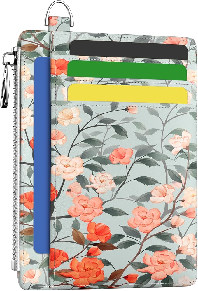 Hancynir Slim Wallet Women Credit Card Holder Floral Flower RFID Blocking Small Cute Card Wallets Mini Front Pocket PU Leather Card Case Thin Travel Zipper Coin Cash Ladies Female Wallet Gifts