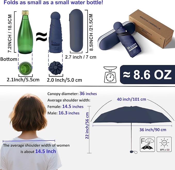 BAODINI Travel Essentials Mini Umbrella for Purse With Case Small Compact UV Sun Protection Lightweight Tiny Pocket Manual Open Close Umbrella for Women Kids and Men Fits Purse Backpack