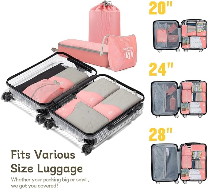 Compression Packing Cubes 8 Set, Dual Zipper Compression Packing Cubes for Travel, See-Through Mesh Packing Bags for Suitcases, Compression Travel Cubes with Shoe Bag (Pink)