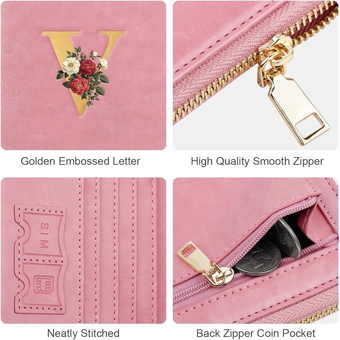 Passport Holder for Travel Personalized Passport Holder Initial Letter Rose Flower RFID Blocking Travel Wallets Credit Cards Holder for Women Men, Pink V