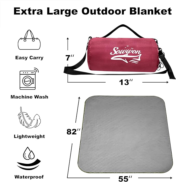 Waterproof Outdoor Blanket 82”X 55” Packable, Stadium Blankets for Camping with Quilted Fleece Lining, Large Windproof Emergency Throw Mat for Garss Picnic Hiking Road Trip, Machine Washable, Wine