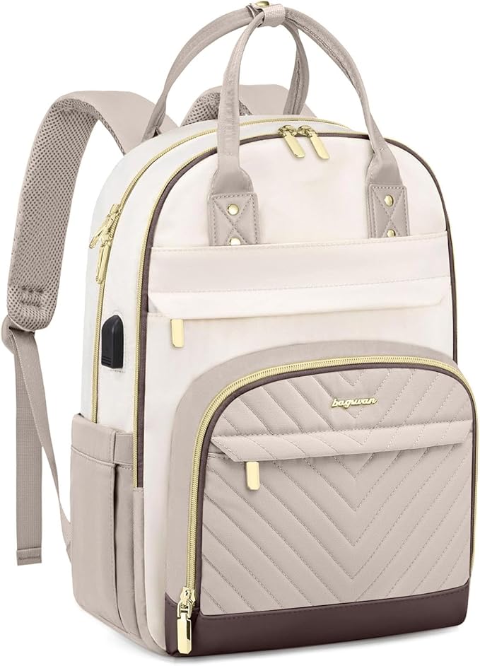 Laptop Backpack for Women Work Bag - 15.6 inch Travel Backpack Purse with USB Charger College Bookbag Waterproof Cute Casual Daypack Fashion Business Computer Backpacks for Teacher Nurse Beige Nude