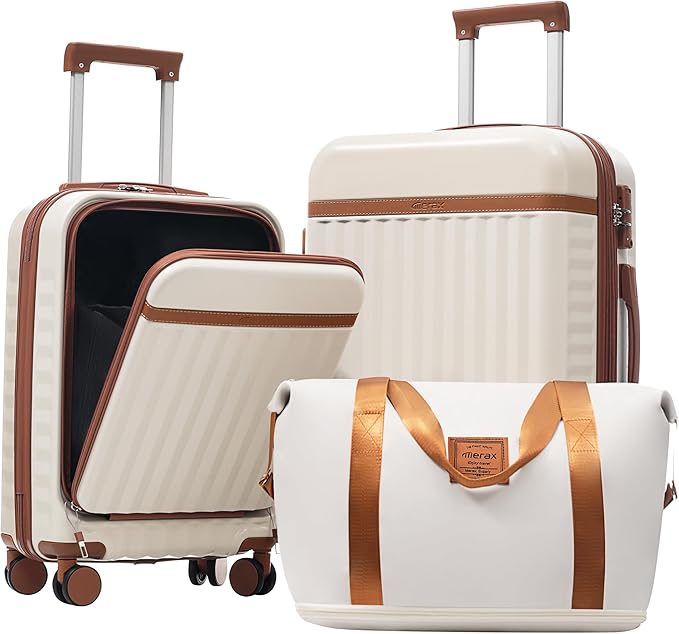 Merax Luggage Sets 3 Piece,Front Open Hardshell Expandable Suitcase with Spinner Wheels and Duffel Bags,Lightweight Carry on Luggage with USB Port,20/24IN,White and Brown