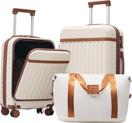 Merax Luggage Sets 3 Piece,Front Open Hardshell Expandable Suitcase with Spinner Wheels and Duffel Bags,Lightweight Carry on Luggage with USB Port,20/24IN,White and Brown