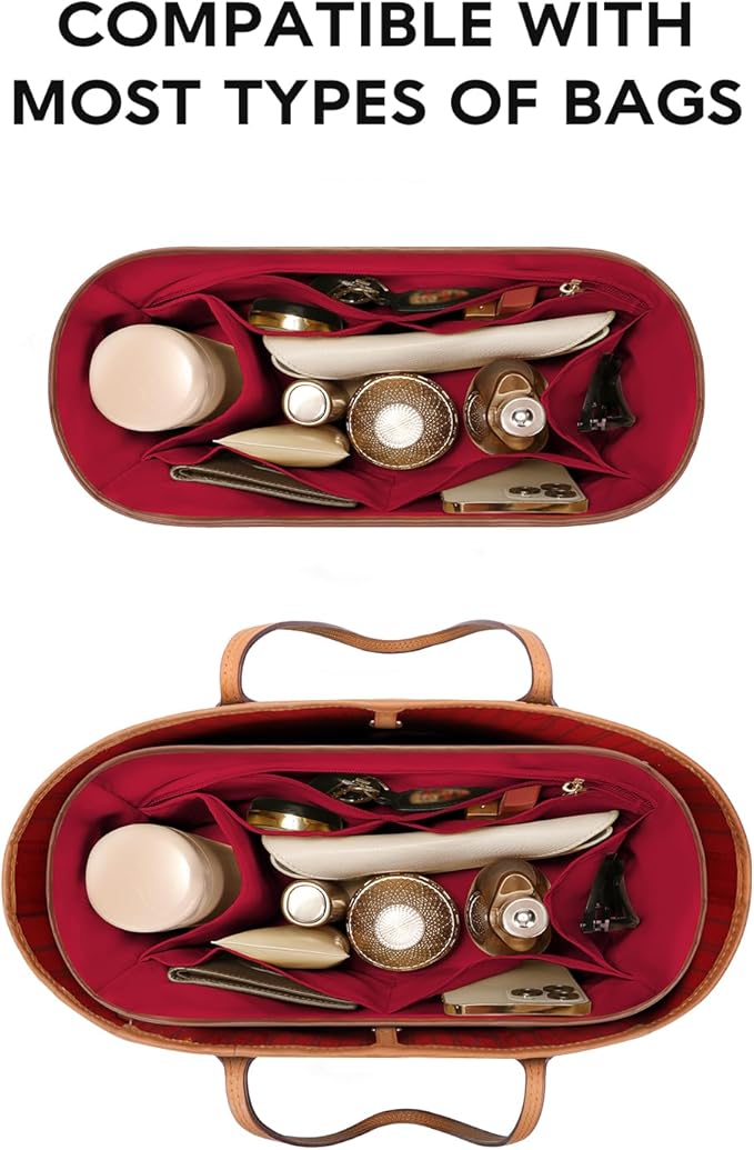 GIVLEFLY Small Satin Purse Organizer Insert with Multiple Pockets and Handle, Lightweight Handbag Organizer,Red