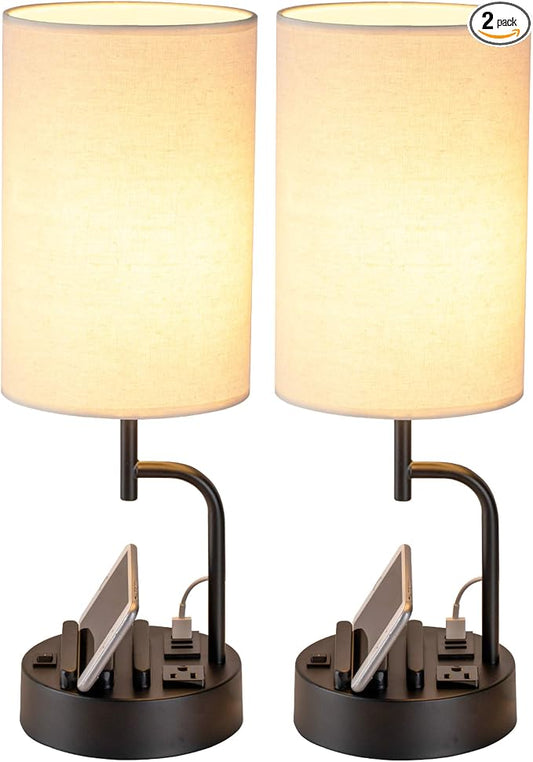 Dreamholder Table Lamp with 3 USB Charging Ports, Modern Desk Lamp with AC Outlet and Phone Stands, Perfect Bedside Lamp for Bedroom, Living Room, Office (Pack of 2), Cream