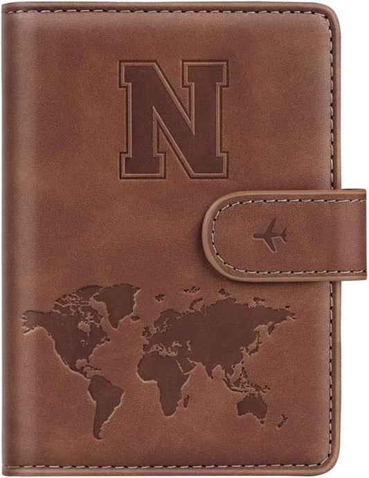 Passport Holder Wallet Cover Personalized Letter A-Z Travel Wallet RFID Blocking Passport Cover Wallet Case for Travel Passport Book Holders for Women and Men, Brown-N
