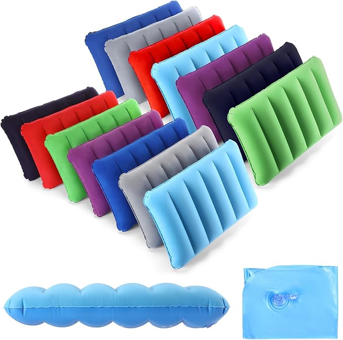 Geelin 14 Pieces Inflatable Camping Pillow 18.5 x 11.8 Inches Portable Compact Flocked Fabric Air Pillow for Travel Hiking Home Office Sleeping Neck Head Lumbar Support, Multicolor
