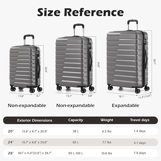 Coolife Luggage Sets, 3 Piece Hard Shell Suitcase Set with Spinner Wheels, Expandable Large Checked Luggage, Lightweight Rolling Carry On with TSA Lock Gray